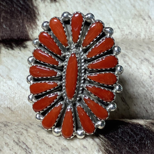 Ring, Oval Cluster Red Coral, 1 center stone, Rope Bezel, Kevin Willie (1) - Turquoise Mustang
