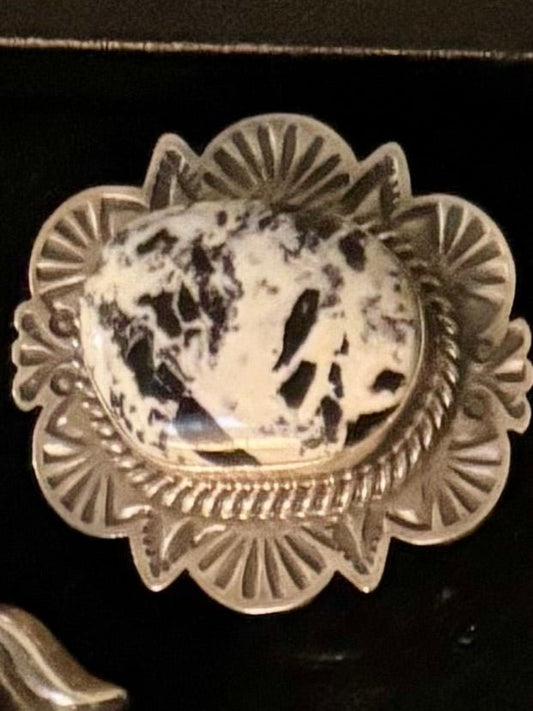 Ring, Fat Oval White Buffalo, stamped shield and rope bezel. M Spencer - Turquoise Mustang