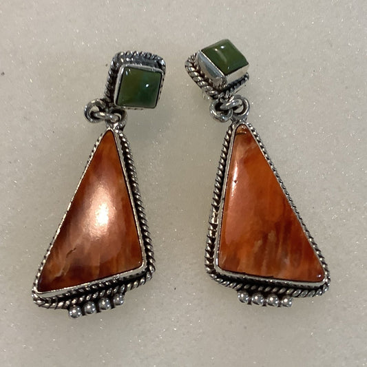 Earrings, Turquoise Spiny, Square Turquoise studs w Spiny Oyster Cabs, rope bez, DD - Turquoise Mustang