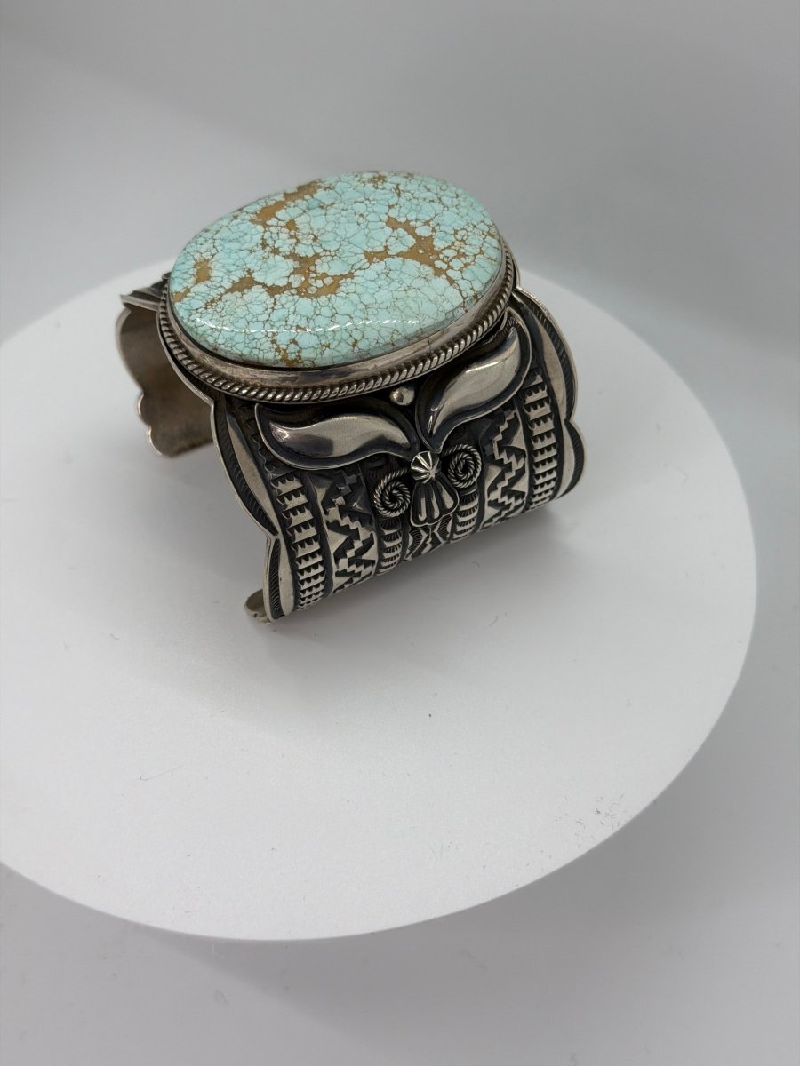 Extra Wide  8 Turquoise Stampwork Cuff Bracelet with Repoussé and Overlay Silverwork, Andy Cadman - Turquoise Mustang