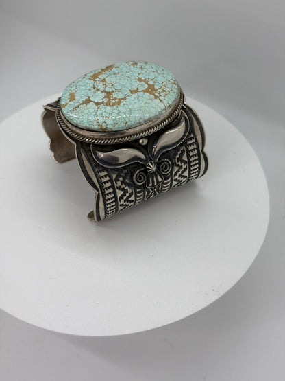 Extra Wide  8 Turquoise Stampwork Cuff Bracelet with Repoussé and Overlay Silverwork, Andy Cadman - Turquoise Mustang