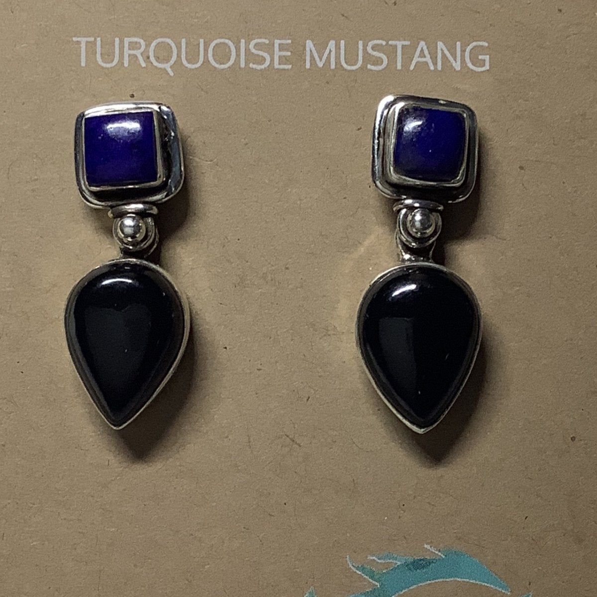 Earring, square Lapis posts, black onyx teardrop dangles - Turquoise Mustang