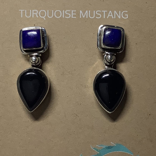 Earring, square Lapis posts, black onyx teardrop dangles - Turquoise Mustang