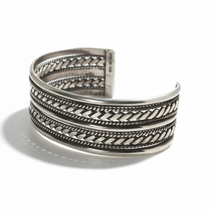 Half - Round Fine Rope and Flattened Rope Five - row Sterling Silver Bracelet Cuff, Tahe - Turquoise Mustang