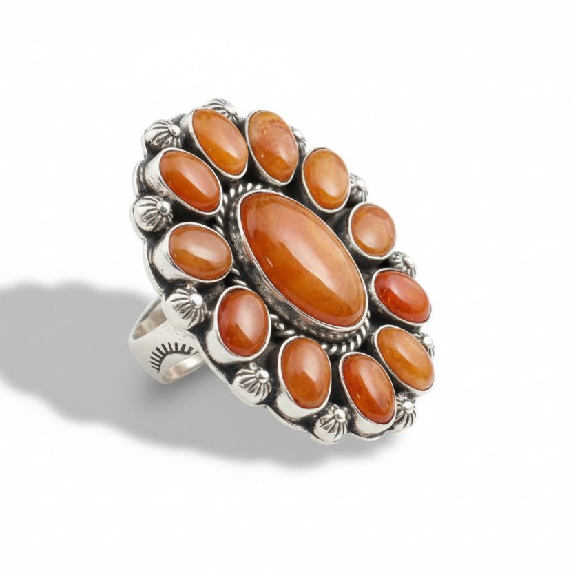 Orange Spiny Oyster Cluster Ring, Adjustable, Native American - Turquoise Mustang
