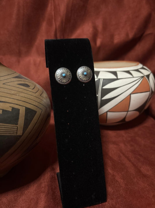 Earring, Sunflower Concho Studs w/ Turquoise Center & Rope Detail - Turquoise Mustang