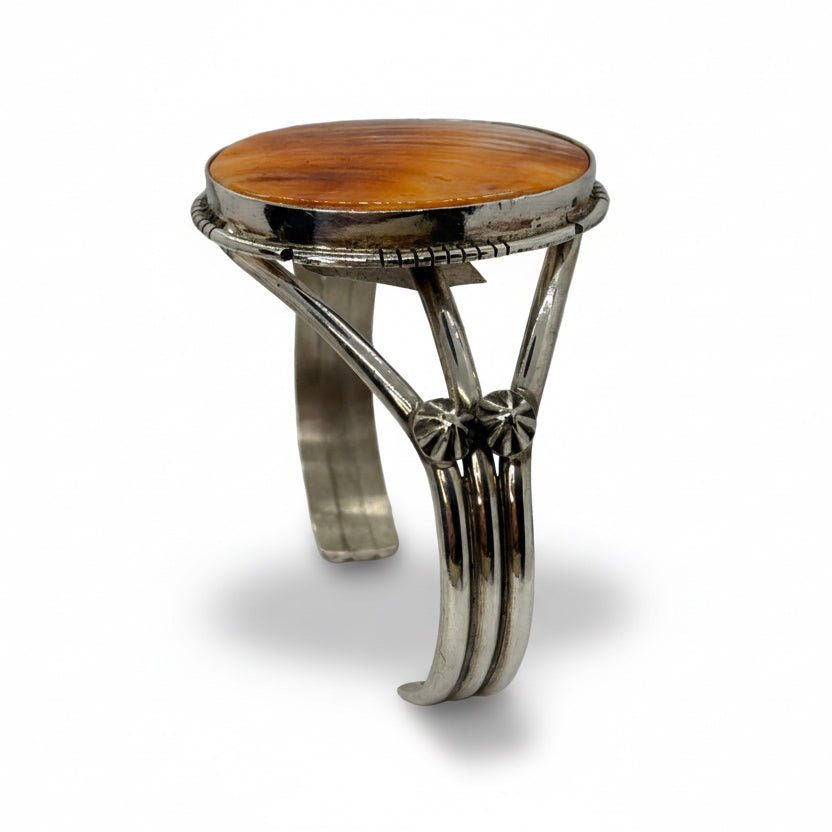 Dainty Sterling Silver Cuff with Large Oval Orange Spiny Oyster Centerpiece by Sam Etsitty - Turquoise Mustang