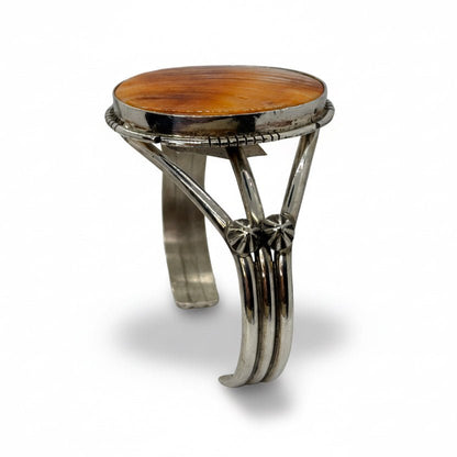 Dainty Sterling Silver Cuff with Large Oval Orange Spiny Oyster Centerpiece by Sam Etsitty - Turquoise Mustang