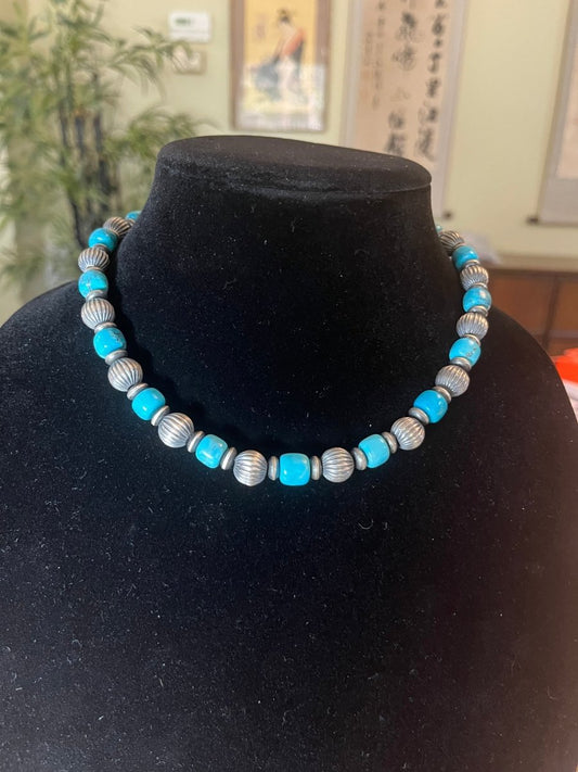 16" Compitos Blue Turquoise Tube Bead Necklace with 12mm and 6mm saucers - Turquoise Mustang