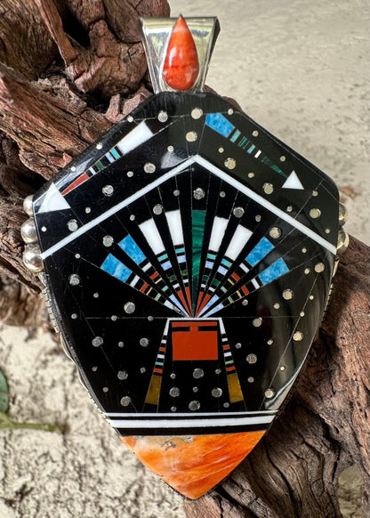 Pendant, elaborate Zuni Inlay, shield shape, spiny oyster, Ray Jack - Turquoise Mustang
