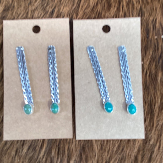 Earring, braided bars with Kingman ovals, vertices studs, FAT - Turquoise Mustang