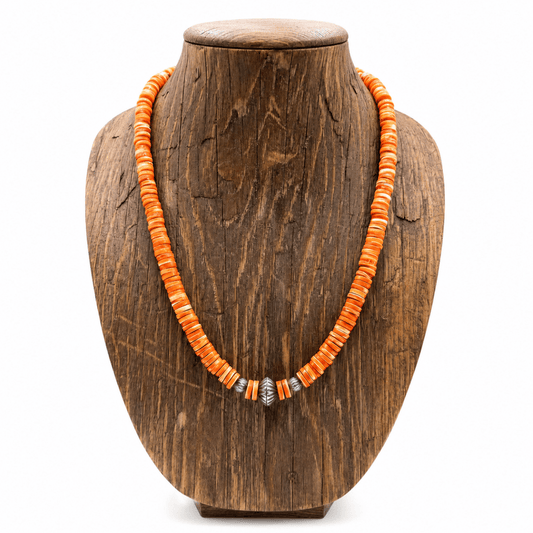 19" Orange Spiny Oyster Heishi Necklace with Vintage Corrugated Sterling Silver Saucer & Navajo Pearl Accents - Turquoise Mustang