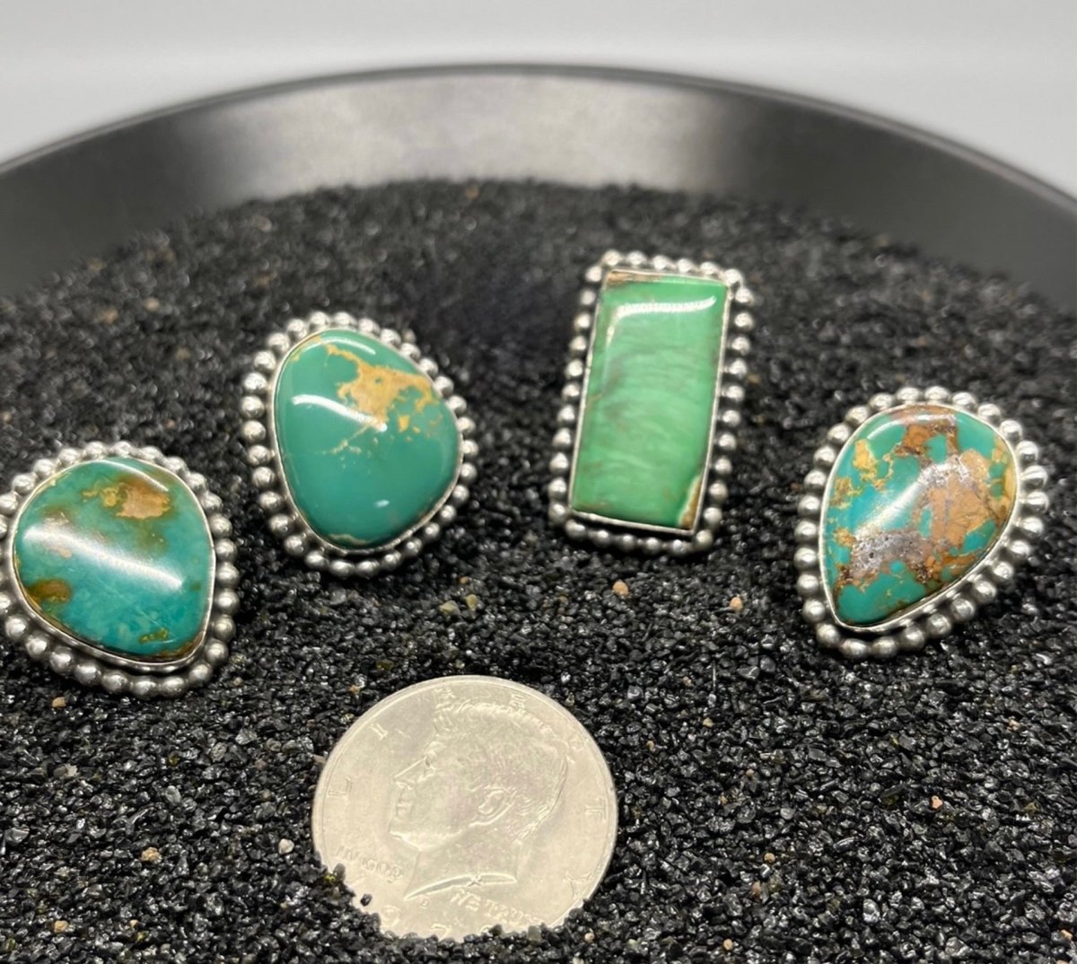 Ring, Asst. medium Single Stone Royston raindrop bezel, Mary Spencer - Turquoise Mustang