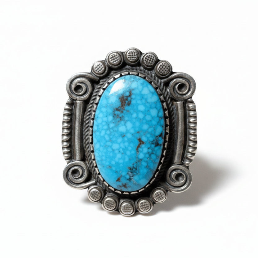Ring, Large Oval Birdseye Kingman, nice stampwork, Calvin Martinez - Turquoise Mustang