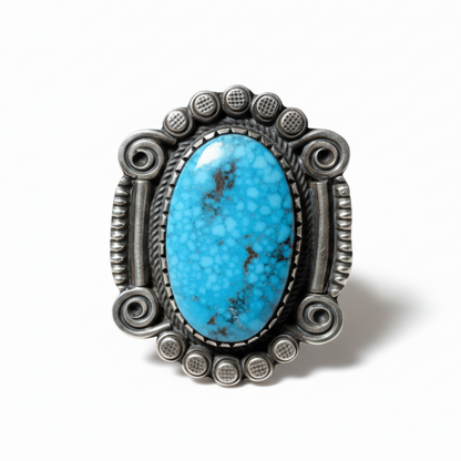 Ring, Large Oval Birdseye Kingman, nice stampwork, Calvin Martinez - Turquoise Mustang