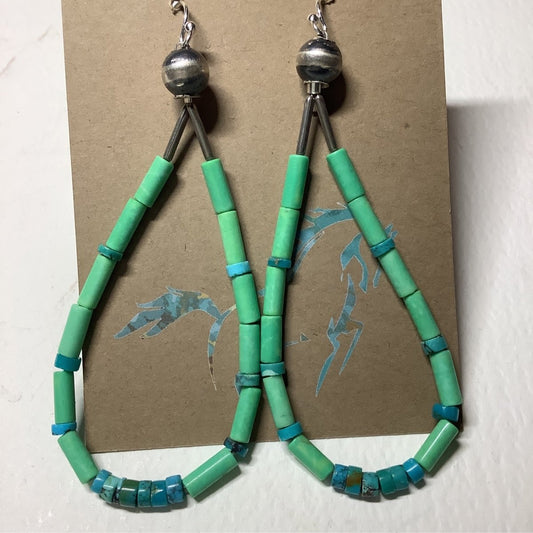 Earrings, Loops with Kingman Heishi and Lime Sherbert Tubes, Turquoise Mustang (1) - Turquoise Mustang