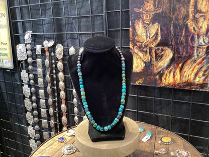 19” x 10 - 12mm Polychrome Cloud Mountain Turquoise Necklace with 8mm Silver Pearls - Turquoise Mustang