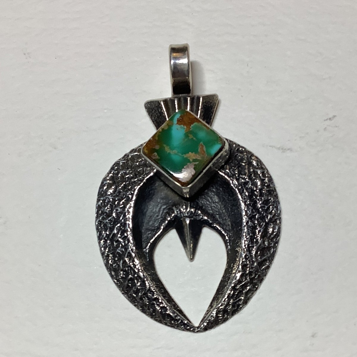 Pendant: Tufa Cast Naja with Diamond - Shaped Royston Turquoise | Hallmarked ‘K’ - Turquoise Mustang