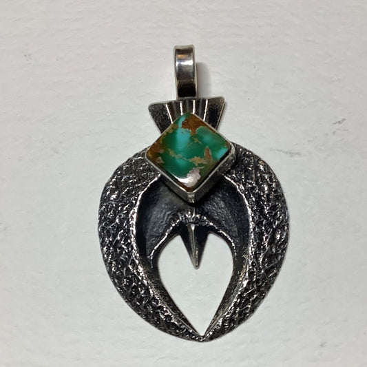 Pendant: Tufa Cast Naja with Diamond - Shaped Royston Turquoise | Hallmarked ‘K’ - Turquoise Mustang