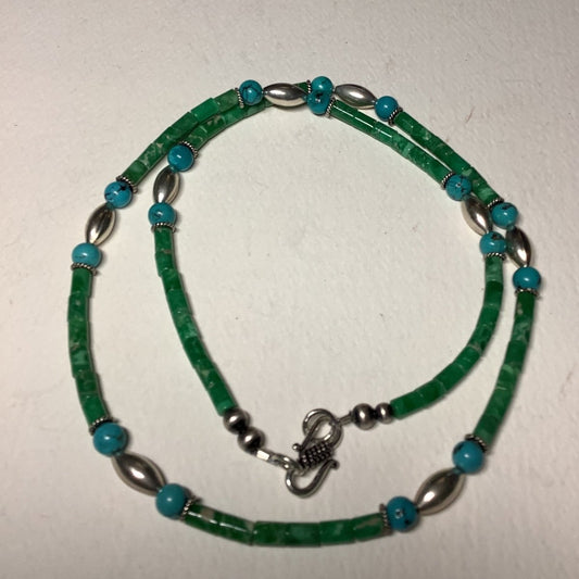 Necklace, 24" Green Sea Sediment Jasper Tubes w/ Silver Footballs, Turquoise Mustang (1) - Turquoise Mustang