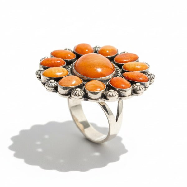 Orange Spiny Oyster Cluster Ring, Adjustable, Native American - Turquoise Mustang