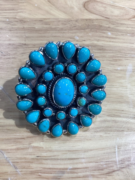 Ring, Onyx, Large Oval cluster 24 rounds. blue KIngman ball bezel, DD - Turquoise Mustang