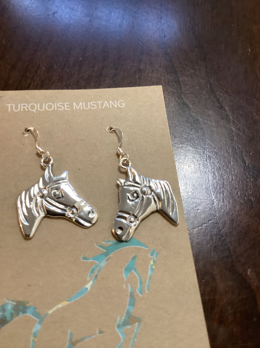 Earring, All Silver, cast horse heads on hooks, Allison Manuelito (1) - Turquoise Mustang