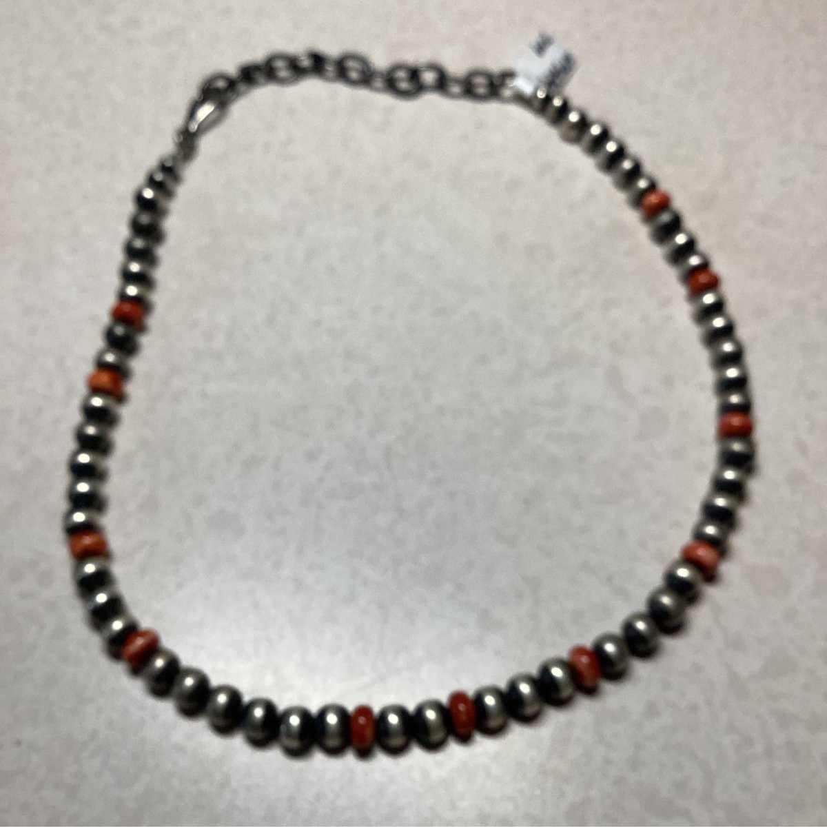 14", 1 strand, 13" choker, 6mm Navajo Pearls &Spiny Oyster rondelles, TM - Turquoise Mustang