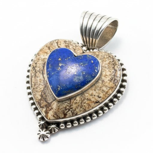 Double Heart Pendant with Jasper and Stacked Lapis, Dan Dodson - Turquoise Mustang