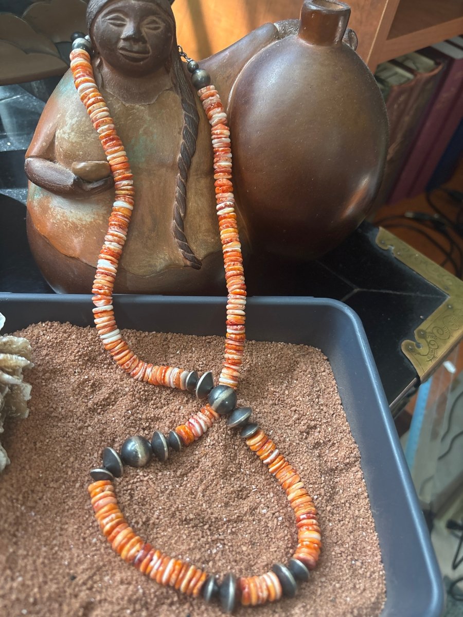 Necklace, 25" x 10mm premium Orange spiny oyster heishi, 10 - 14mm saucer pearls and 14mm riynd pearls, TM - Turquoise Mustang
