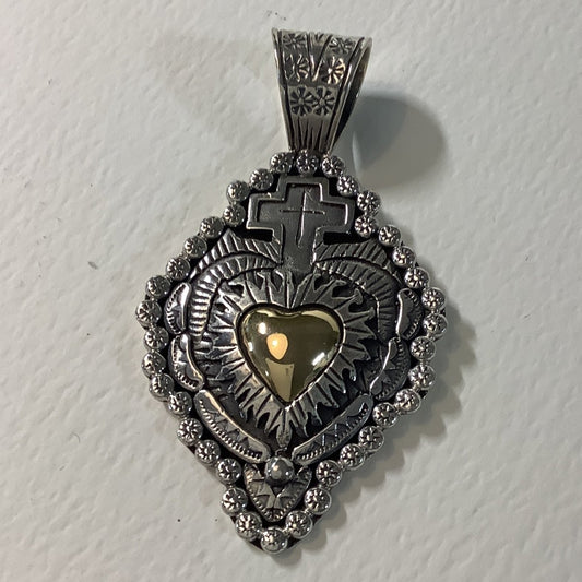Pendant, Cross, All Silver Sacred Heart with Cross and 14K GOLD heart, DD (1) - Turquoise Mustang