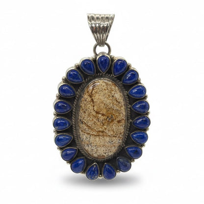 Medium Oval Lapis Cluster Pendant with 18 Pear - Shaped Stones by Dan Dodson - Turquoise Mustang