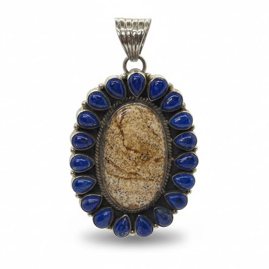 Medium Oval Lapis Cluster Pendant with 18 Pear - Shaped Stones by Dan Dodson - Turquoise Mustang